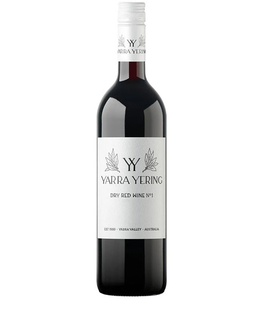 Bottle of Yarra Yering dry red wine on a white background