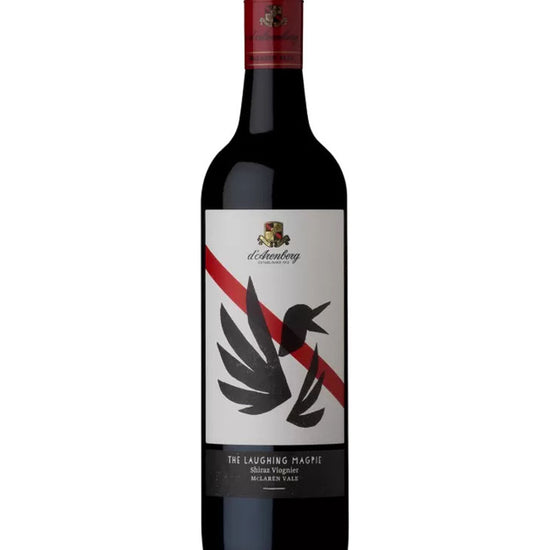 Wine bottle with a label featuring a black bird design on a white background