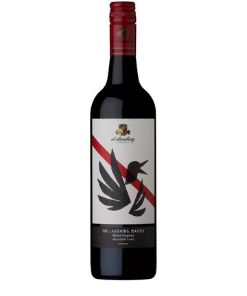 Wine bottle with a label featuring a black bird design on a white background